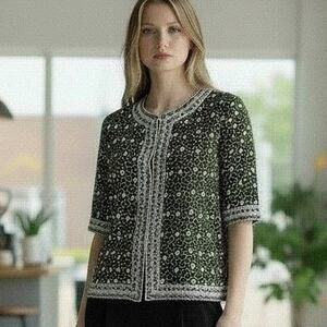 Lawrence Kazar Blk/Gold/Wht Silk Jacket Pearl Beaded Embroidered LIned Sz S